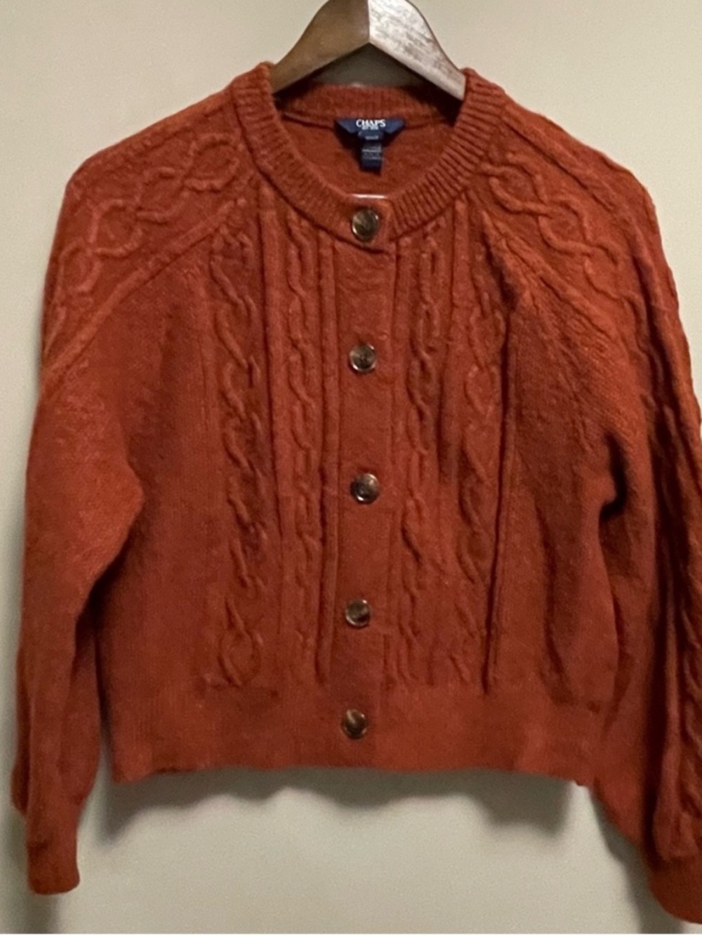 Chaps Rust Orange Cable-Knit Button Cardigan Women’s Medium - Picture 2 of 10